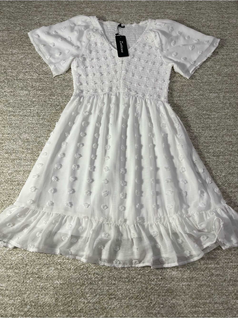 Zattcas Women’s White Dress Small Swiss Dot Mini NWT. SKU#0488